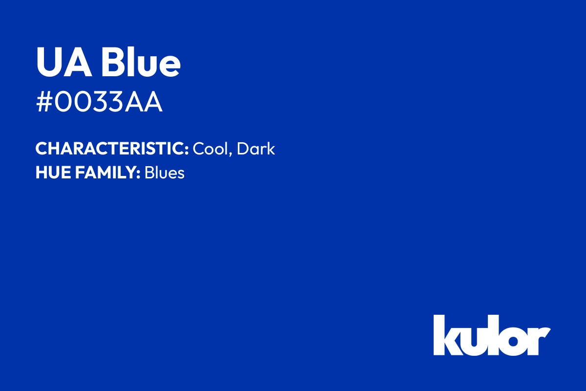 UA Blue is a color with a HTML hex code of #0033aa.