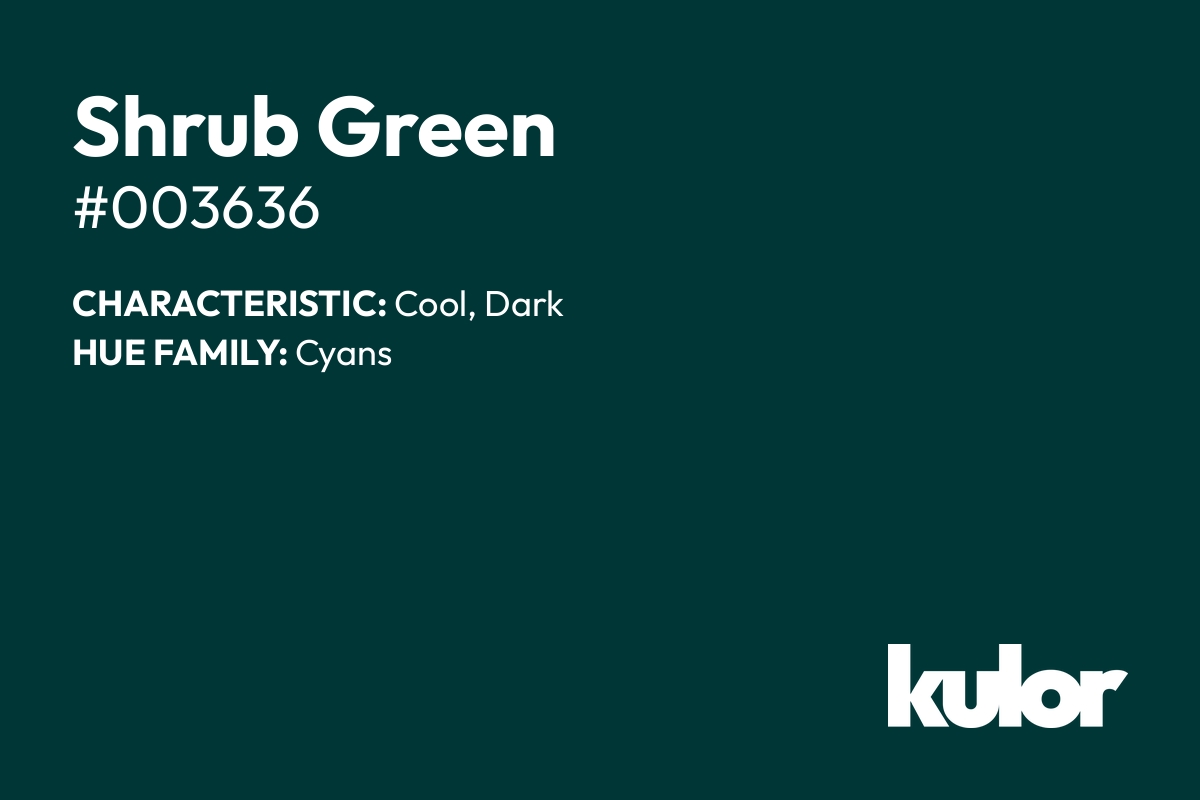 Shrub Green is a color with a HTML hex code of #003636.