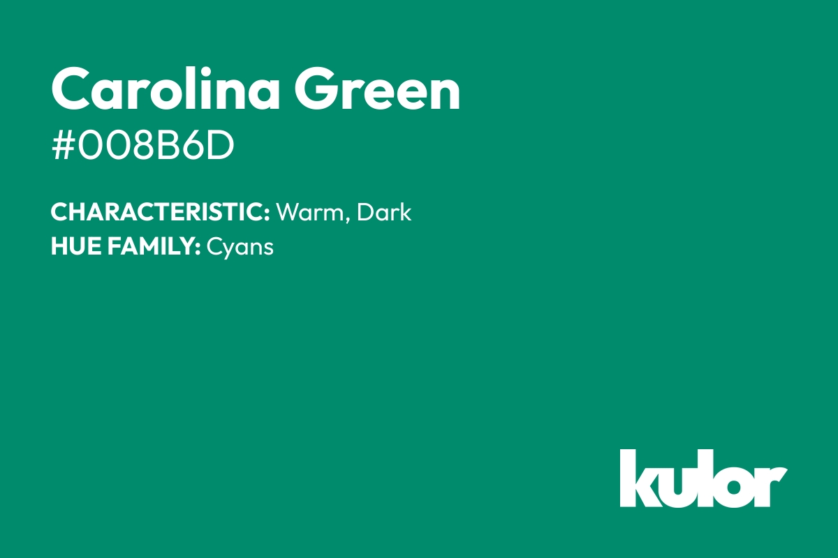 Carolina Green is a color with a HTML hex code of #008b6d.