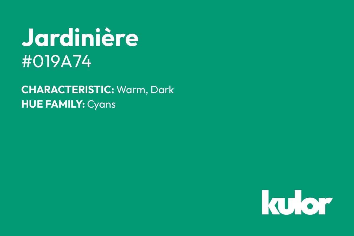 Jardinière is a color with a HTML hex code of #019a74.