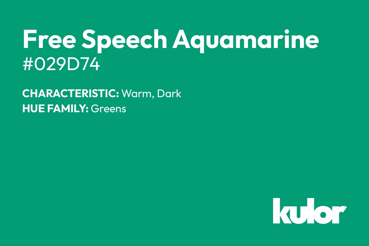 Free Speech Aquamarine is a color with a HTML hex code of #029d74.