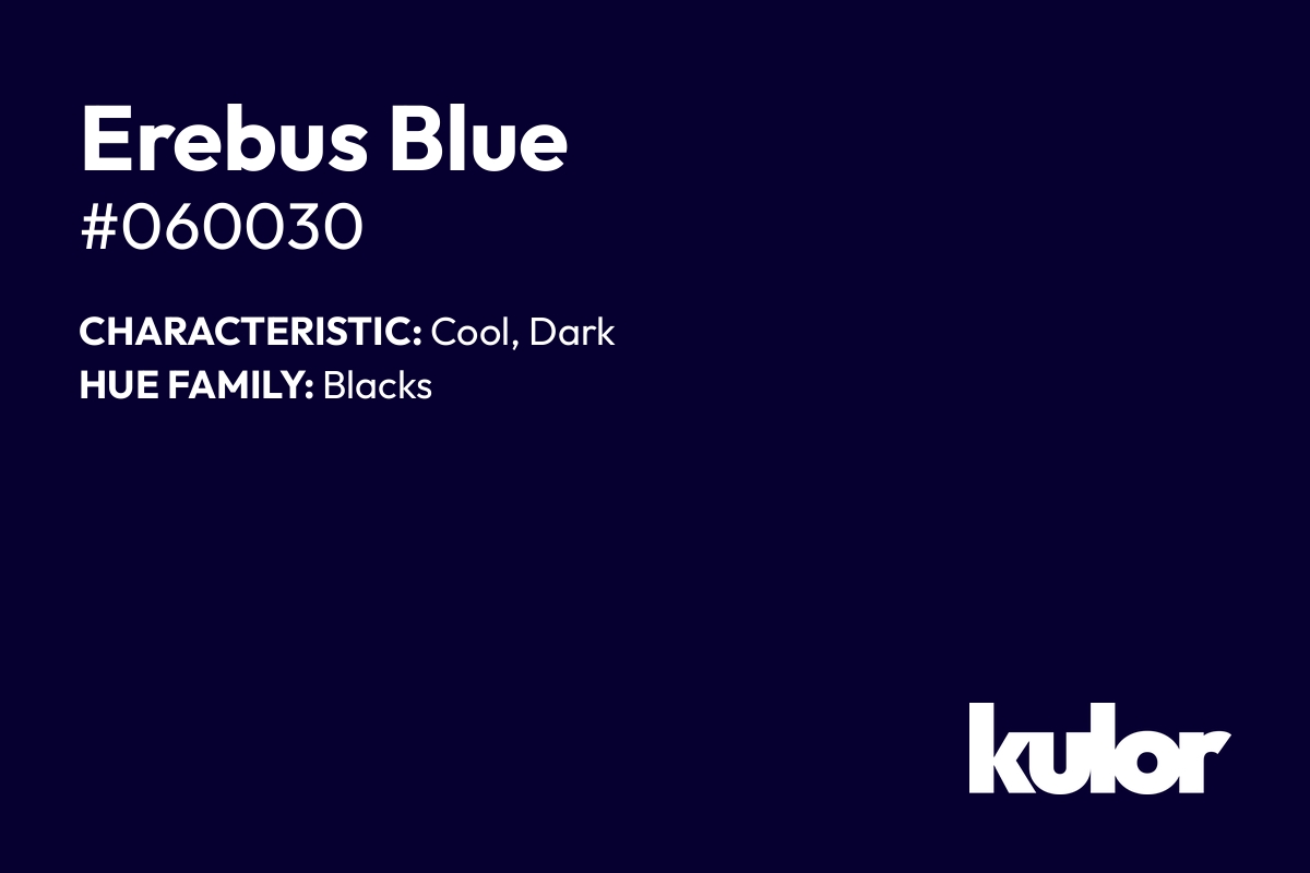 Erebus Blue is a color with a HTML hex code of #060030.