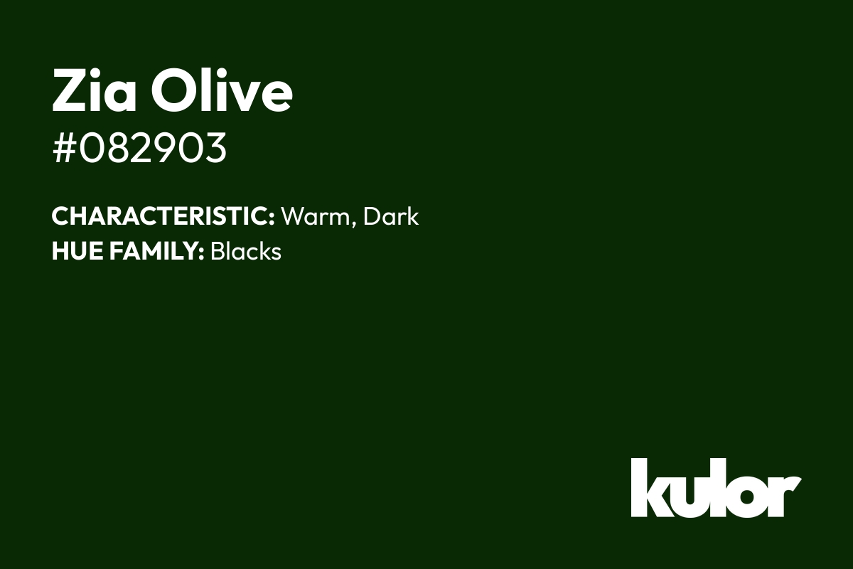 Zia Olive is a color with a HTML hex code of #082903.