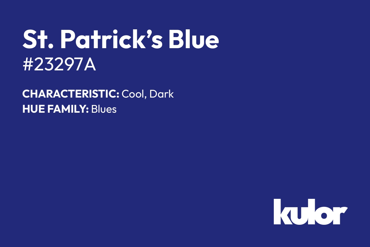 St. Patrick’s Blue is a color with a HTML hex code of #23297a.