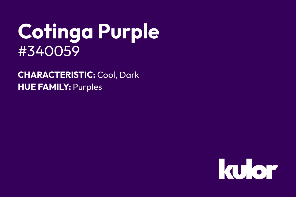 Cotinga Purple is a color with a HTML hex code of #340059.