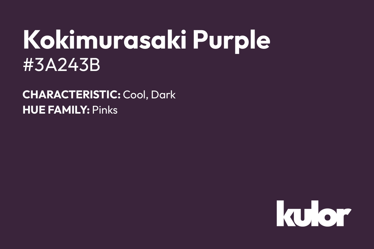 Kokimurasaki Purple is a color with a HTML hex code of #3a243b.