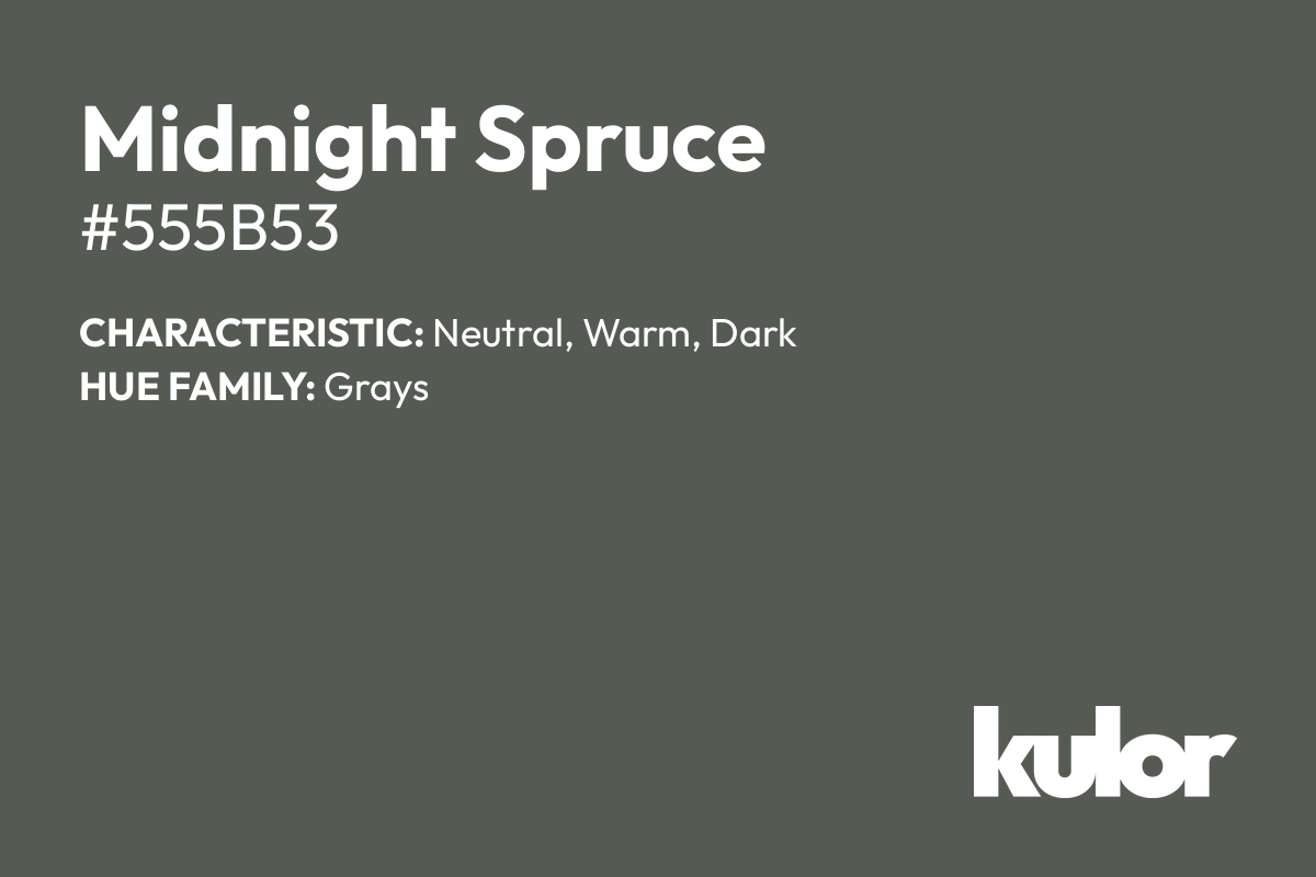 Midnight Spruce is a color with a HTML hex code of #555b53.