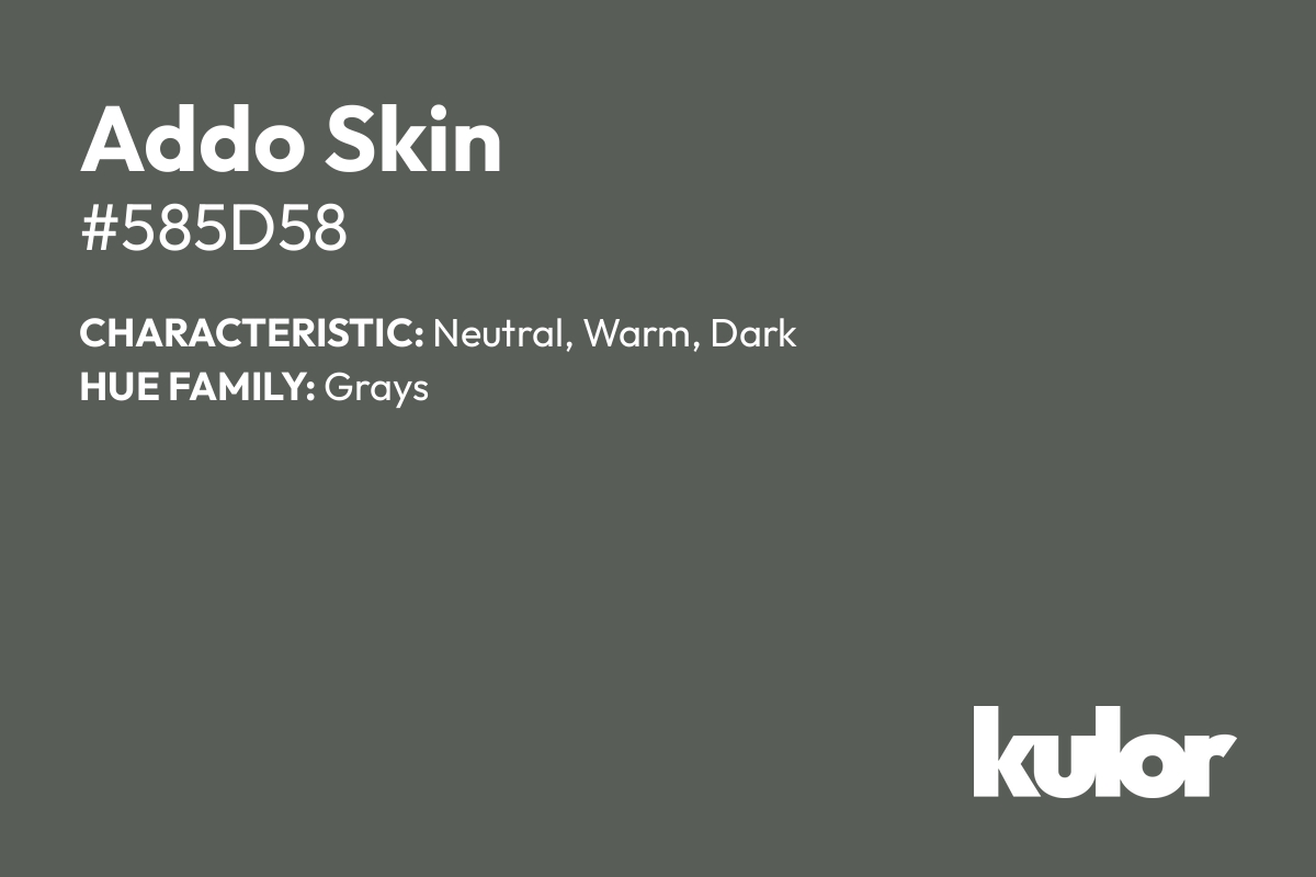 Addo Skin is a color with a HTML hex code of #585d58.