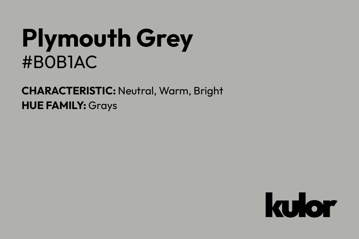 Plymouth Grey is a color with a HTML hex code of #b0b1ac.