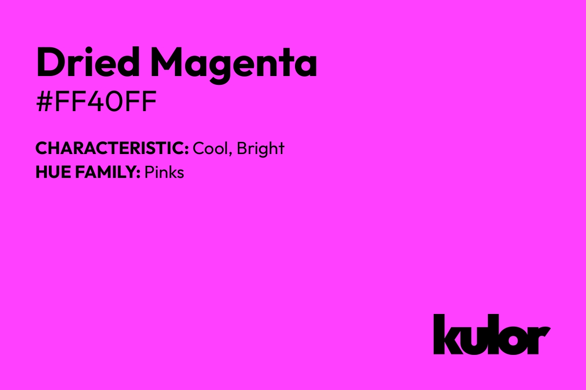 Dried Magenta is a color with a HTML hex code of #ff40ff.