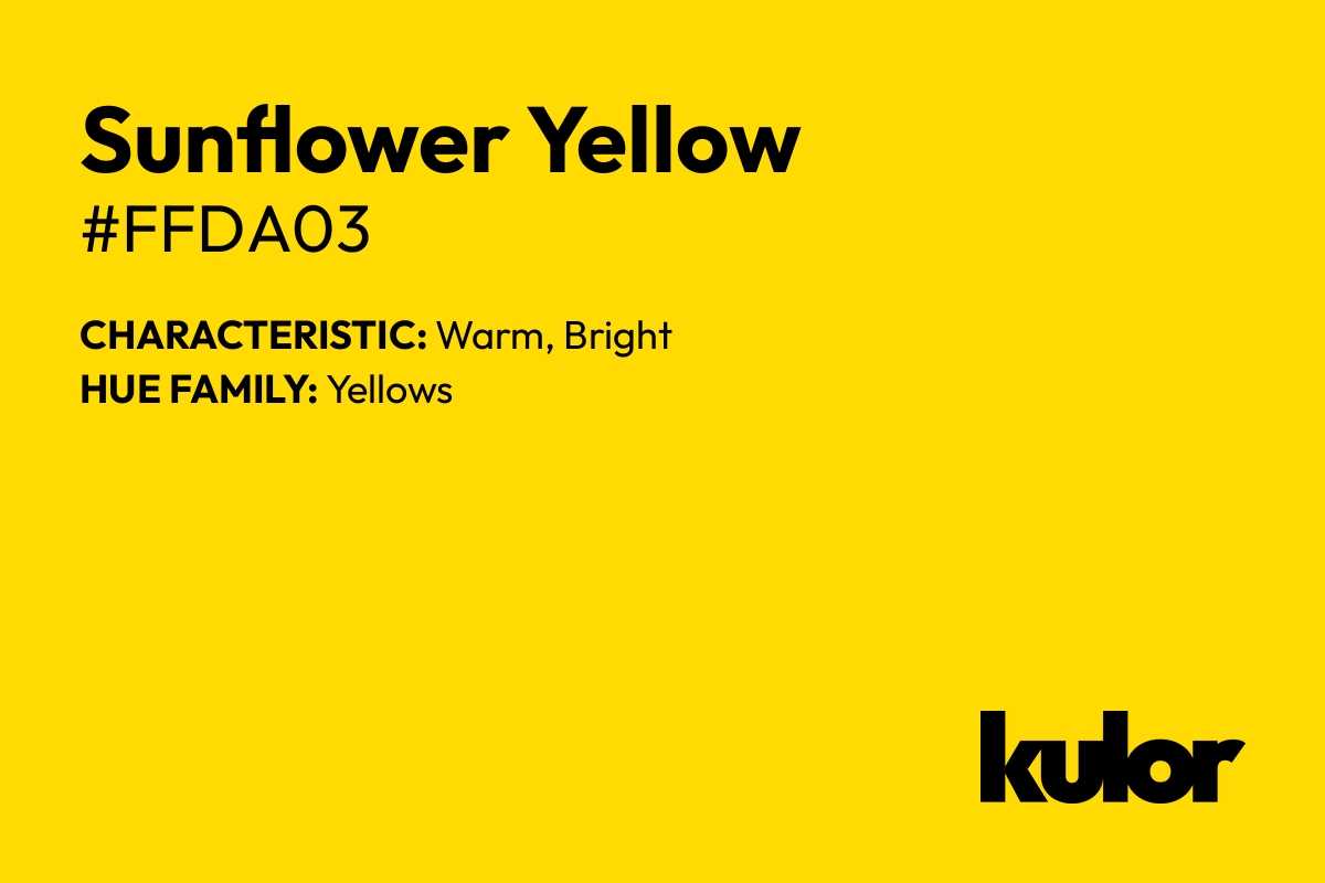 Sunflower Yellow is a color with a HTML hex code of #ffda03.